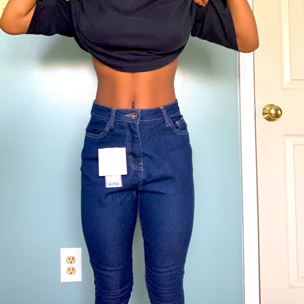 Boohoo Dark Blue High Waist Frayed Hem Skinny Jean